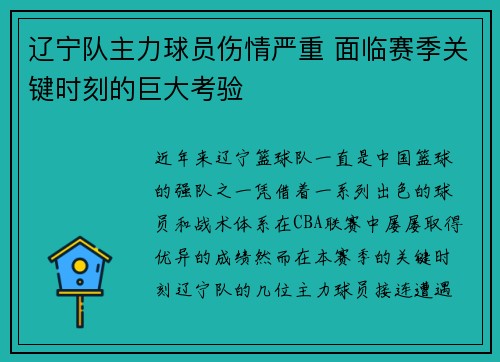 辽宁队主力球员伤情严重 面临赛季关键时刻的巨大考验
