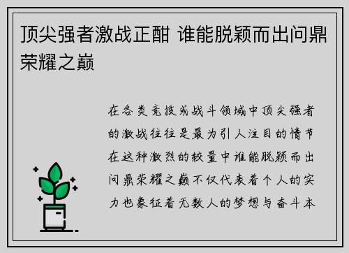 顶尖强者激战正酣 谁能脱颖而出问鼎荣耀之巅