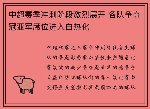 中超赛季冲刺阶段激烈展开 各队争夺冠亚军席位进入白热化
