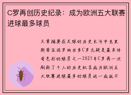 C罗再创历史纪录：成为欧洲五大联赛进球最多球员
