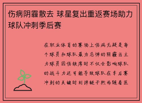 伤病阴霾散去 球星复出重返赛场助力球队冲刺季后赛